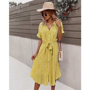 Mulheres vestido de verão Vestido amarelo de férias de férias de praia longa vestido de decote floral casual para mulheres vestes femme roupas 220516