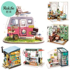 Robotime DIY Drewniane Miniaturowe Dollhouse Happy Camper Handmade Doll House Jimmy Studio Z Meble Zabawki Dla Dzieci Prezent AA220325