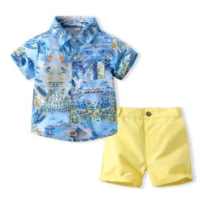 15933 Summer Boys Ubrania Zestaw plaży dziecięcy dzieci Kwiat malarstwo koszulka z krótkim rękawem z szortami 2PCS Suit Suit Dzieci