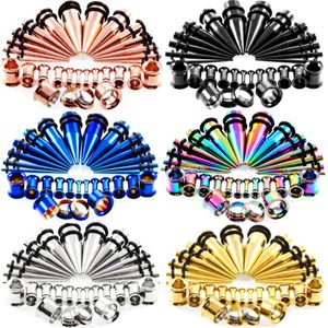 28pcs Body Piercing Jewelry 316 Stainless Steel Tapers Colorful Anodized Double Flared Internally Thread Screw Fit Ear Flesh Tunnel Plug Ear Gauge Expander