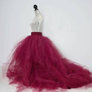 Skirts Burgundy Ball Gown Tutu Skirt Floor Length Long Womens Extra Puffy Wedding Party With Train Customized Saia JupeSkirts