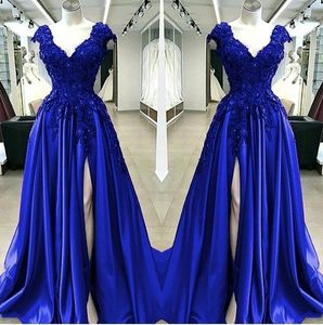 Royal Blue Satin A Line High Split Prom Dressess V Neck Lace Appliques Beaded Plus Size African Black Girls Evening Party Gowns Bc5082 Sxa27