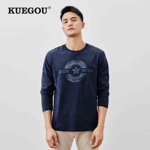 Kuegou 2022 Spring 100% Cotton Print Blue T Shirt Men Tshirt Märke T-shirt Långärmad Tee Shirt Male Plus Size Clothing 88095 T220808