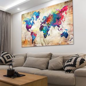 Mappa del mondo colorata Mappa della tela di canapa Pittura Poster Stampa Immagini a parete per soggiorno Modern Interior Decoration Dipinti senza cornice