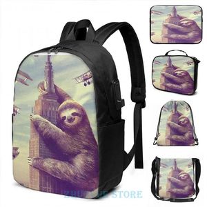 Backpack Graphic Print Sloth escalando o prédio do estado USB Charge Men Bags Escola Bolsa Bag Laptop298n