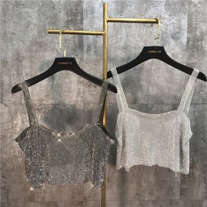 New fashion women's sexy club party full rhinestone patched bck hollow out shinny bling spaghetti strap vest crop top tank camisole