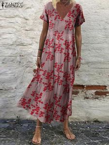 ZANZEA Summer Women Sundress Bohemian Floral Print Beach Maxi Dress Vintage V Neck Short Sleeve Oversized Dresses Kaftan Vestido 220713