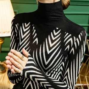 T-shirt z długim rękawem Damska wiosna Topy Turtleneck Koronki Downing Koszula Slim Fit Western Zebra Stripes 220328