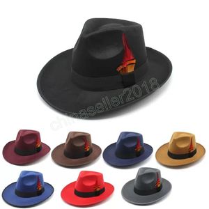 フェザーの女性の男性の帽子帽子hat hat hat hat woman fedoras man fashama caps female jazz top hat male wide wide cap春秋の冬の卸売