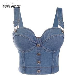 Denim repade kvinnors spaghetti remknapp diamanter rippade push up bustier nattklubbfest gröda topp korsett camise 210401