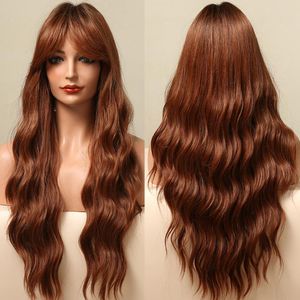 Synthetic Wigs ALAN EATON Long Body Wave Red Brown Copper For Black Women Natural Middle Part Heat Resistant Hair Wig With Bangs
