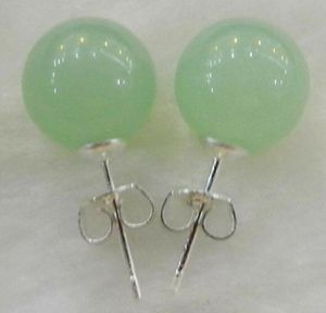 Natural mm Light Green Jade Round Gemstone Beads Silver Stud Earrings
