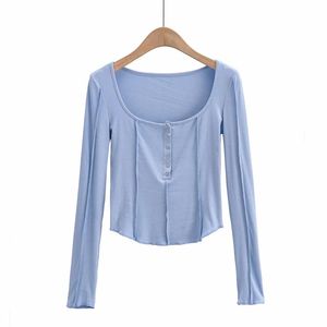 Wholesale scoop top for sale - Group buy Women s T Shirt Women Button Front Scoop Neck Long Sleeve Crop Top With Exposed Stitching Details