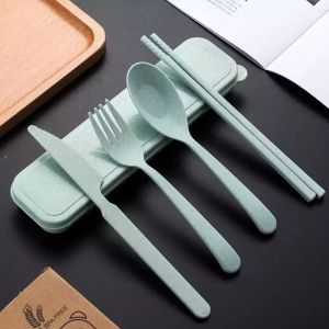 Orders 3pcs/set Travel Cutlerys Portable Cutlery Box Wheat Straw Fork Spoon Student Dinnerware Sets Kitchen Tab