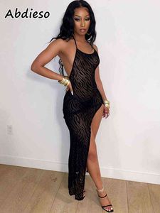 Abdieso Backless Print Mesh Maxi Bodycon Dress Donna Sexy senza maniche 2022 Halter Summer Split See Through Prom Party Dresses Y220401