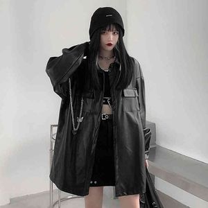 Japansk Harajuku -stil Casual Loose Metal Chain Decoration Leather Shirt Plus Velvet Street Jacket Ins Trend Top Leather Jacket L220728