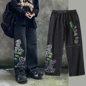 Herrtecknad grafiska jeans graffiti denim byxor streetwear hip hop kvinnor vintage överdimensionerade casual byxor high street rock 220509