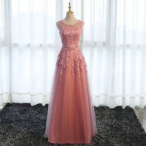 Beauty-Emily Long Elegant Bridesmaid Dresses Lace O Neck Wedding Guest Dress Tulle Wedding Party Gowns for Woman Plus Size 201114