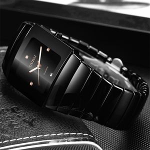 OUPAI Classic Black Tonneau Ceramic Watch New Fashion Squre Quartz Watch Men مقاومة للماء مع التقويم المضيء للرياضة السوداء T200409