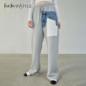 Twotwinstyle Casual Wide Leg Pants for Women High midje lapptäckficka raka löst byxor kvinnliga modekläder