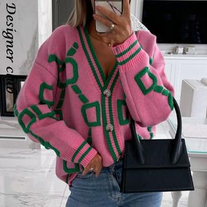 Mulheres Cardigan verde listrado rosa botão de malha Lady Cardigans Sweaters V Casual casual de malha de inverno casual