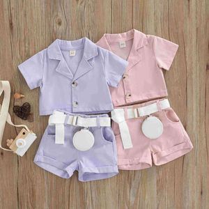 Citgeett Summer Kids Girls Clothing наряд короткие рукава отвороты блузки черные шорты ремень сплошная одежда J220711