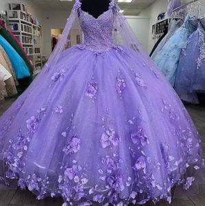 자주색 레이스 Quinceanera 드레스 스파게티 스트랩 반짝이 랩 스위트 스위트 15 가운 2022 3d 꽃 구슬로드 멍청이 16 파티 파티 BC13035