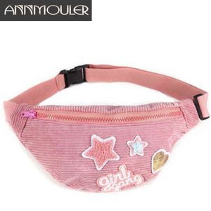 Annmouler Women Midjepåse Pink Patchwork Chest Girls Fanny Pack Sweet Star Corduroy Phone Pouch Belt Gifts 220531