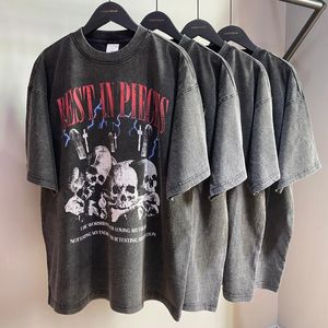 Camisetas masculinas com estampa de caveiras de algodão Harajuku camisetas oversize com estampa de hip hop retrô lavagem camiseta masculina streetwear verão tecido vintage