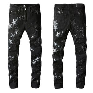 2022 Новые мужские джинсы Модные узкие джинсы Five Star Biker Pants Проблемные водные ромбовидные полосы Джинсовые брюки Высочайшее качество Размер 29-40