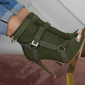 Rontic Handmade Ladies Spring Ankle Boots Buckle Strap Sexy Stiletto Heels Peep Toe Dark Green Black Casual Shoes US Size 5-20