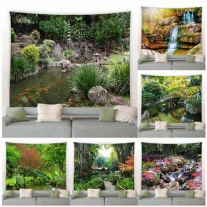 Garden Landscape Wall Carpet Spring Flower Plant Carp Arch Bridge Waterfall Hanging Living Room Courtyard Decor Picnic Blanket J220804