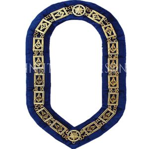 Kedjor Masonic Master Mason Chain Collar Blue Velvet Backing G Silver Plated Compass and Square With Emblem Metal
