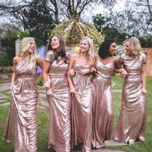 Rose Gold Lantejoulas Dridesmaid Vestidos 2022 Mais Novos Querida Pescoço Uma Linha Zipper Voltar Chão Comprimento Empregada Honra Wedding Convidado Vestido