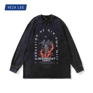 Veza X TKPA Herrens Autumn and Winter Lovers 'Wear Old Wash Long Sleeve T-shirt Wizard Print Round Neck tröja män