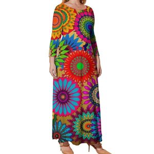 Sukienki swobodne kolorowa mandala bohemiana sukienka jasna retro kwiatowy nadruk śliczny wzór maxi długie rękaw bohemia prezent urodzinowy