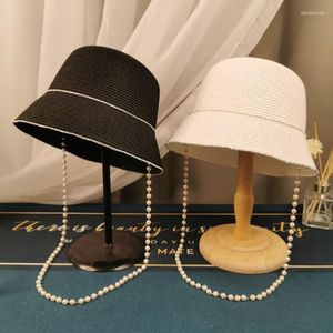 Breda randen hattar mode sommarpärlkedja platt sol för kvinnor strå hatt panama strand hink capwide davi22