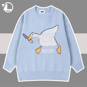 Suéteres de malha homens outono coreano desenhos animados spoof pato ganso assassinato padrão jumper pulôver mulheres hip hop algodão casual suéter 220815