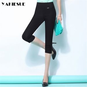 Pontas de lápis de verão Mulheres altas cintura elástica algodão magro calças casuais mulher Office Feminino calça mais tamanho 210412