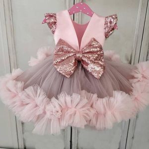 Girl's Dresses Pink Flower Girl Dress 2022 Sequin Bow Princess Ball Gowns Puffy Tulle First Communion Skirts O-Neck Child Wedding Party Dres
