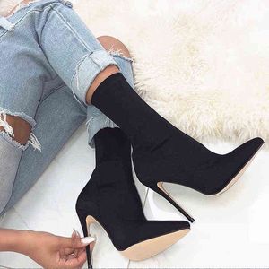 2022 Women 10cm High Heels Silk Sock Boots Female Green Short Ankle Boots Lady Stripper Winter Pointed Toe Gothic Designer Shoes Y220707