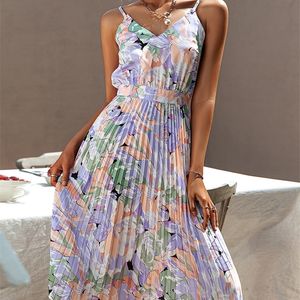Vneck holiday pleated print summer dres straps floral sexy beach sundress Sexy casual female vestidos 220530