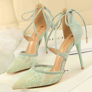 2021 Summer Designer Women 10cm Extreme High Heels Wedding Sandals Mesh Up Green Heels Lace Cross Tie Prom Sandals Female Shoes G220425