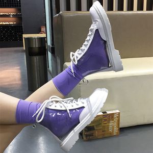 Fashion Designer Clear Ankle Boots Women Candy Color Platform High Top Sneakers Casual Korean Lace Up Gothic Shoes Yellow White 0613