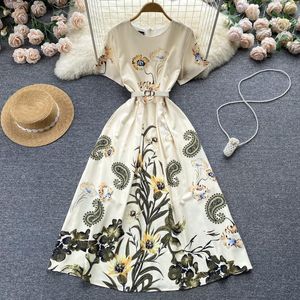 Casual Dresses Women Fashion Summer Retro Print Thin A-Line Banket Dress Round Neck Short Sleeve Clothes Vestidos G998Casual