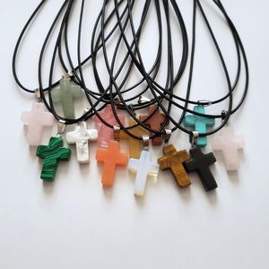 Pendant Necklaces Wholesale 12pcs/lot Fashion Jewelry Natural Stones Pendants Powder Crystal Cross Leather Chains Charms Necklace FreePendan