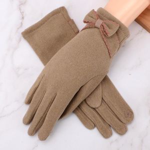 Five Fingers Gloves Autumn Winter Women Thin Section Keep Warm Touch Screen Single Layer Windproof Cycling Bowknot Covely Elasticity