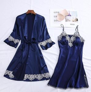 Mulheres femininas Mulheres 2pcs Rúsculo azul marinho coloca o roupão de lingerie de cetim sexy cetim Kimono V-deco