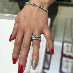 Anéis de casamento cintilantes joias de luxo prata esterlina 925 corte princesa topázio branco diamante CZ pedras preciosas feitas à mão festa feminina anel de noiva conjunto para amante Gif