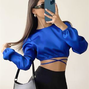 OOTN O-Neck Blue Spring Summer Blouse Woman Lace Up Sexy Backless Crop Top Long Sleeve Wrap Top Ladies Elegant Women Satin Shirt 220407